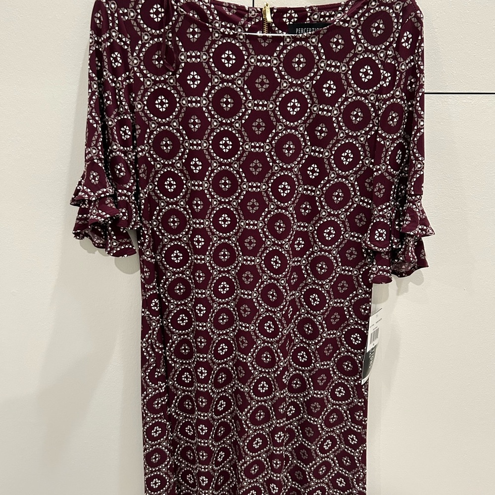 New Burgundy Patterned Dress with Ruffle Sleeves